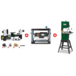 PACK MENUISIER AVEC TOUR À BOIS 200X305, RABOTEUSE 330MM ET SCIE À RUBAN VERTICALE 230V